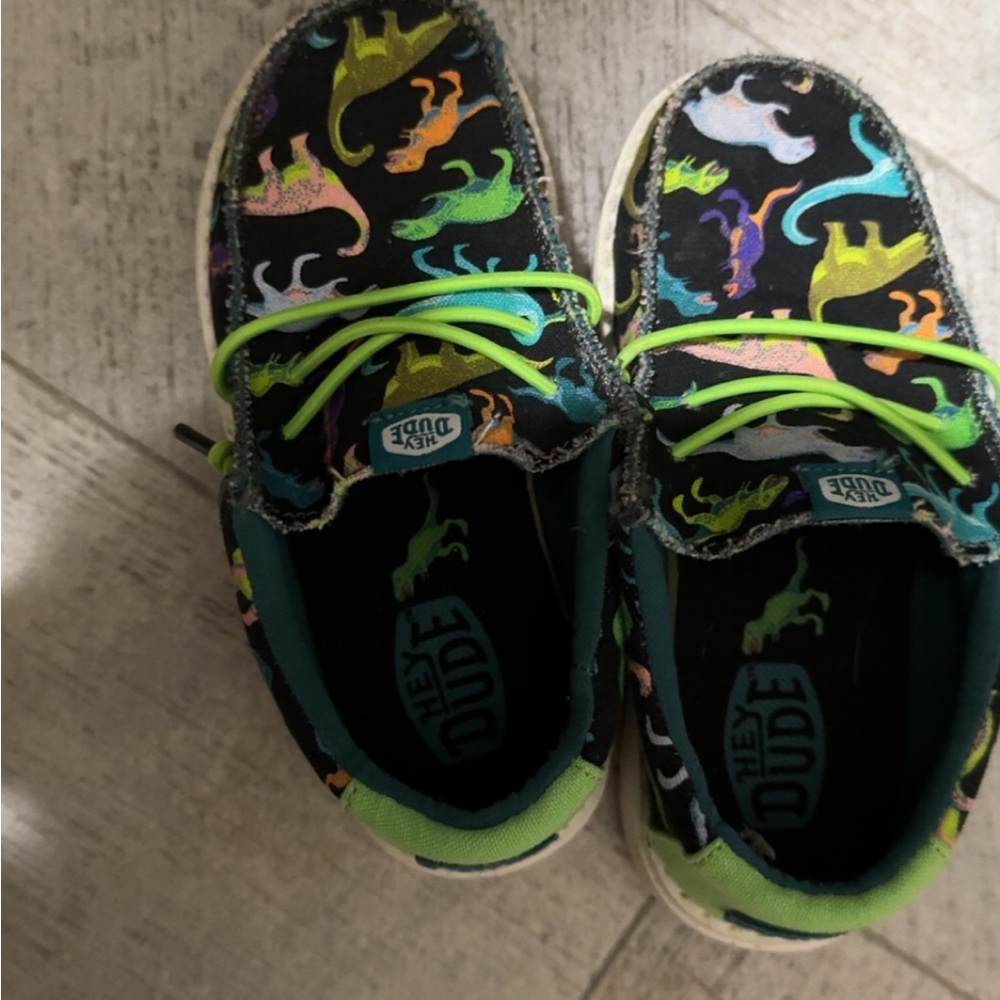 Hey Dude Black and Green Sneakers with Dinosaur Print